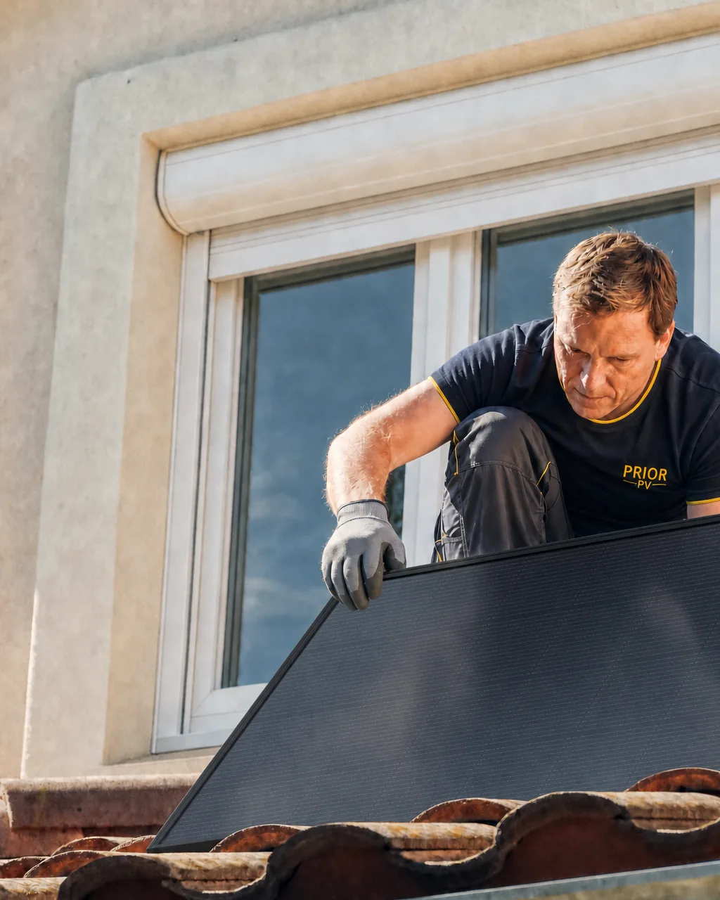 Symbolbild: Installateur in Prior-PV-Arbeitskleidung setzt ein Solarmodul vor einem Fenster mit Rollladen auf das Dach
