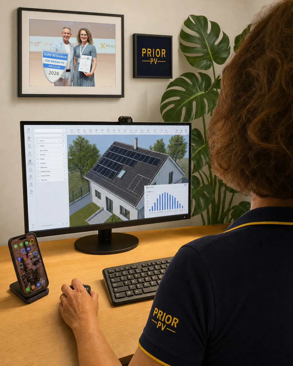 Isabella Schophuis plant am Schreibtisch eine Photovoltaikanlage mit einer Planungssoftware, an der Wand das Foto der EUPD-Auszeichnung auf der Intersolar