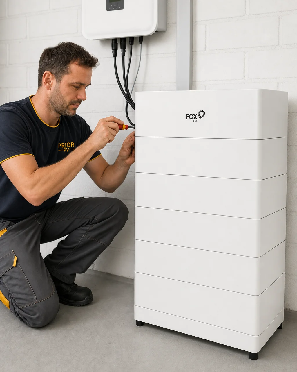 Symbolbild: Installateur in Prior-PV-Arbeitskleidung schließt einen Fox-ESS-Batteriespeicher an, darüber der Hybrid-Wechselrichter