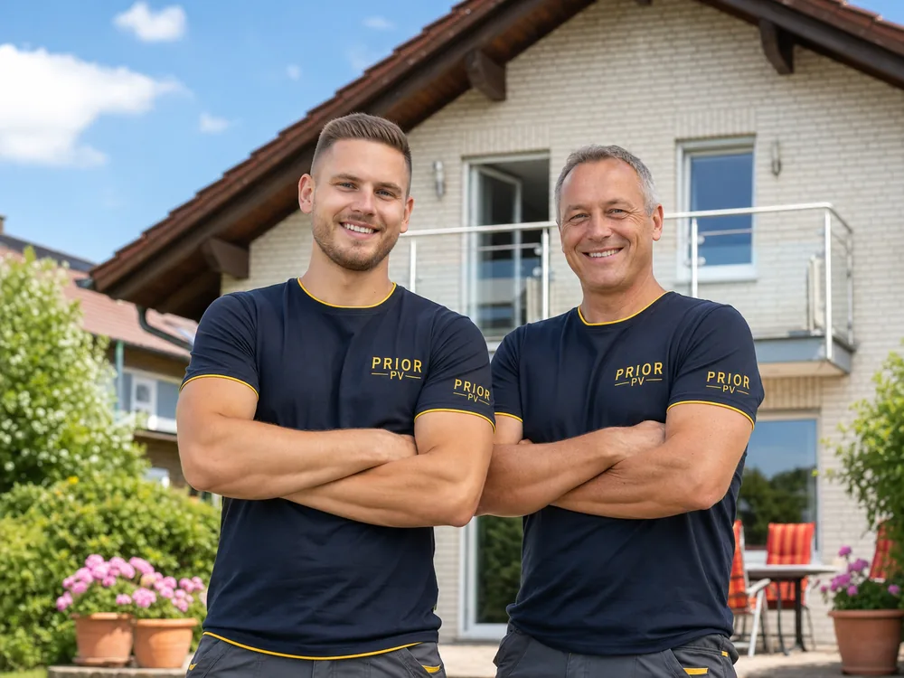 Symbolbild: Zwei Installateure in Prior-PV-Arbeitskleidung vor einem Einfamilienhaus