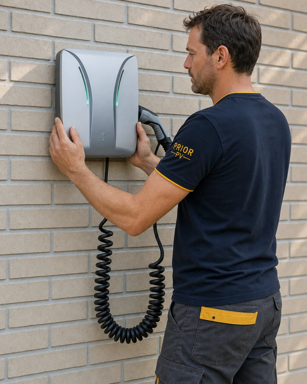 Symbolbild: Installateur in Prior-PV-Arbeitskleidung montiert eine ABL-Wallbox an einer hellen Klinkerwand